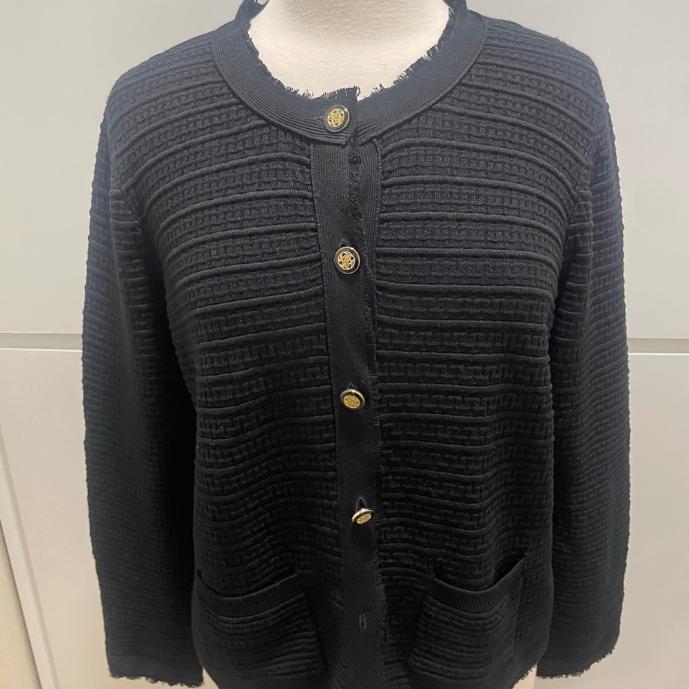 Adrianna Papell Black Textured Cardigan with Gold Buttons